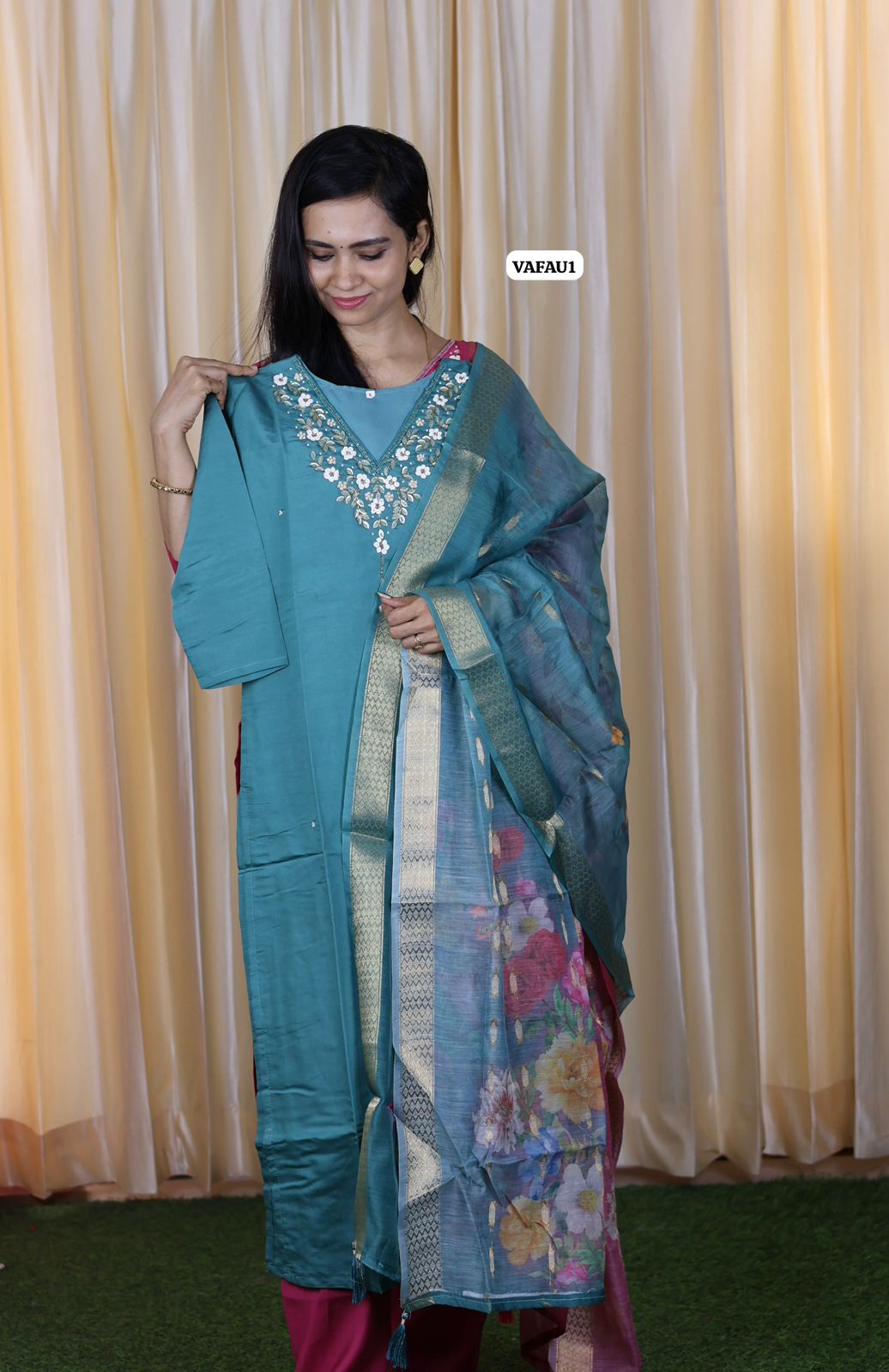 Premium Roman Silk Kurti Pant Dupatta Set with handwork and Chanderi digital print dupatta😍🥳