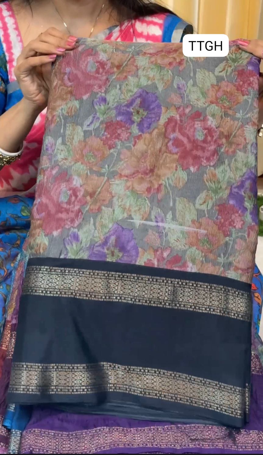 Crushed fabric in floral design saree 😍Ⓜ️