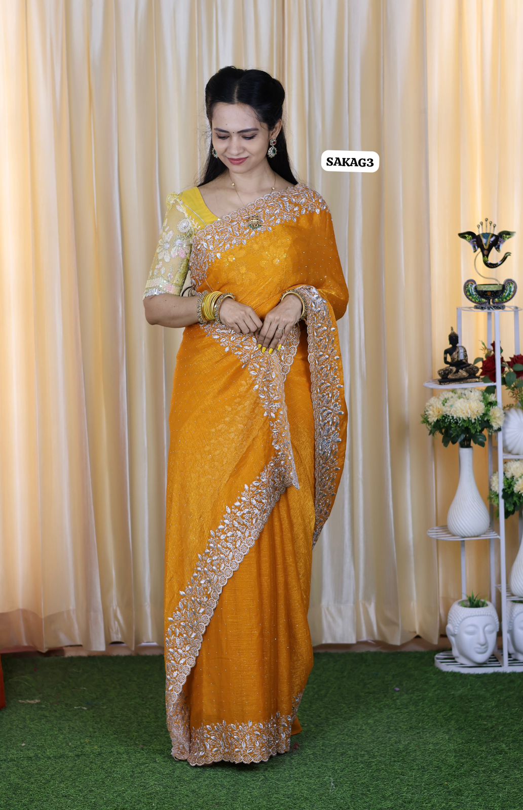 Premium Space silk saree with embroidery work and contrast blouse 🥳