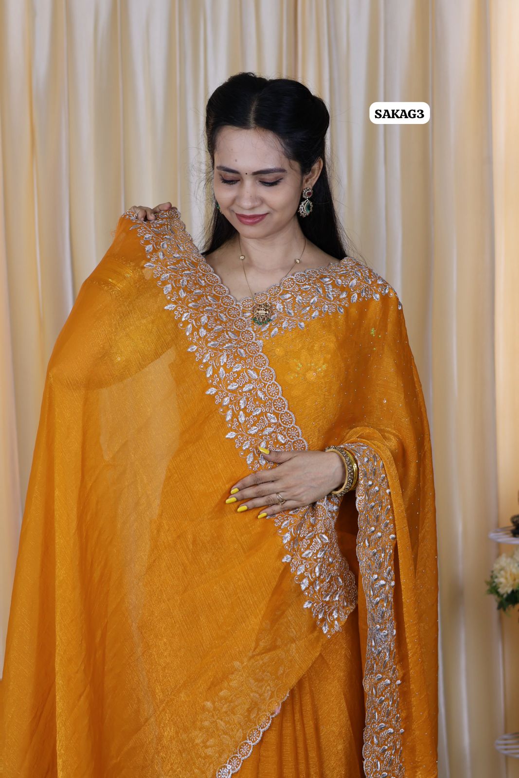Premium Space silk saree with embroidery work and contrast blouse 🥳