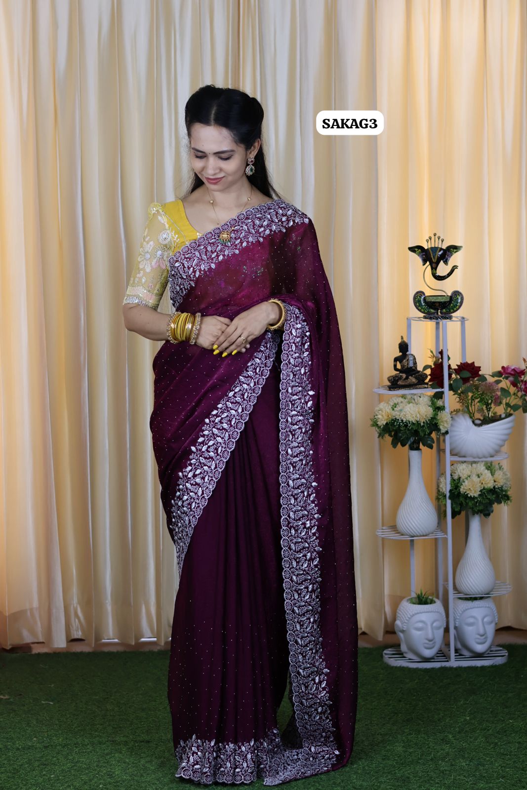 Premium Space silk saree with embroidery work and contrast blouse 🥳