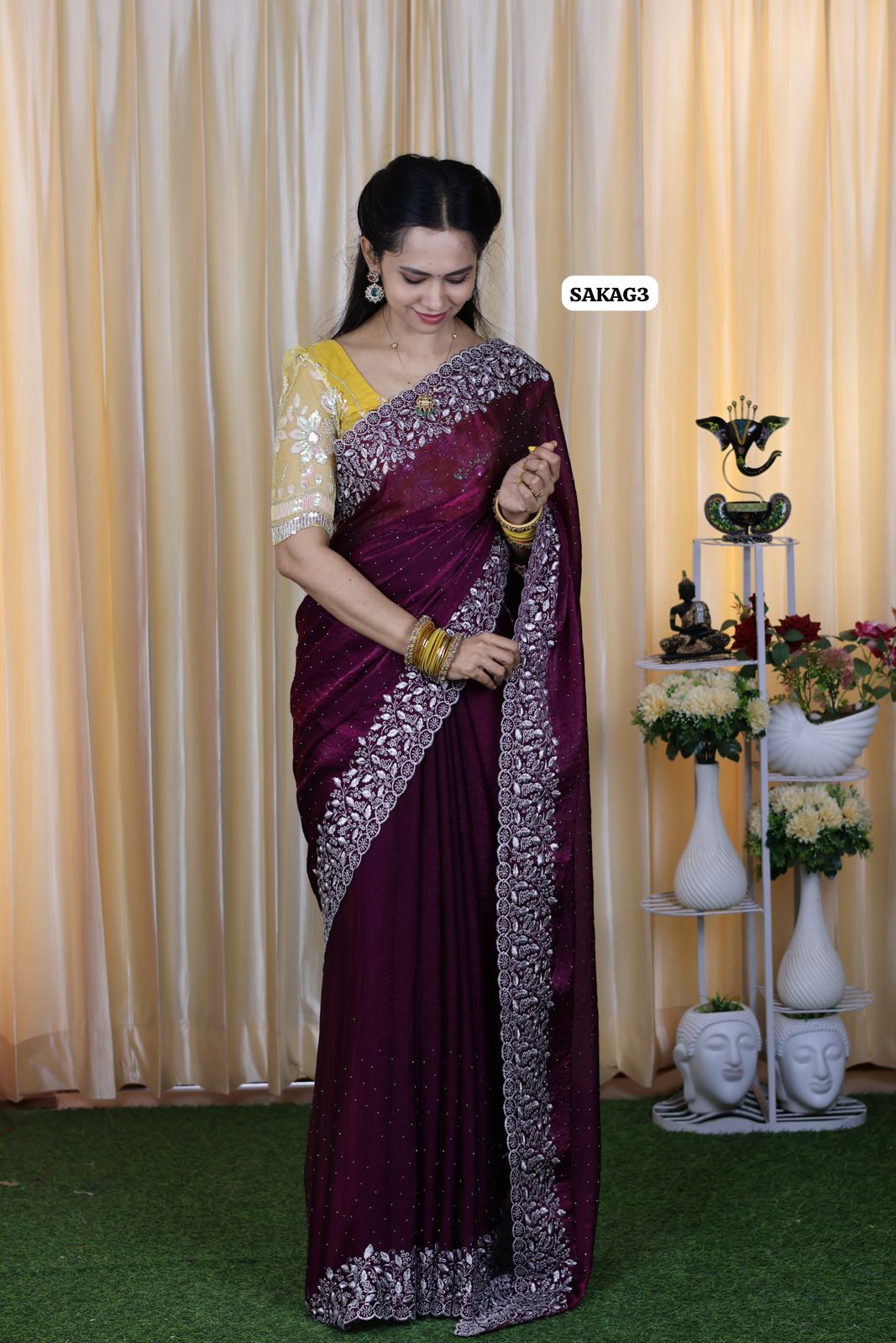 Premium Space silk saree with embroidery work and contrast blouse 🥳