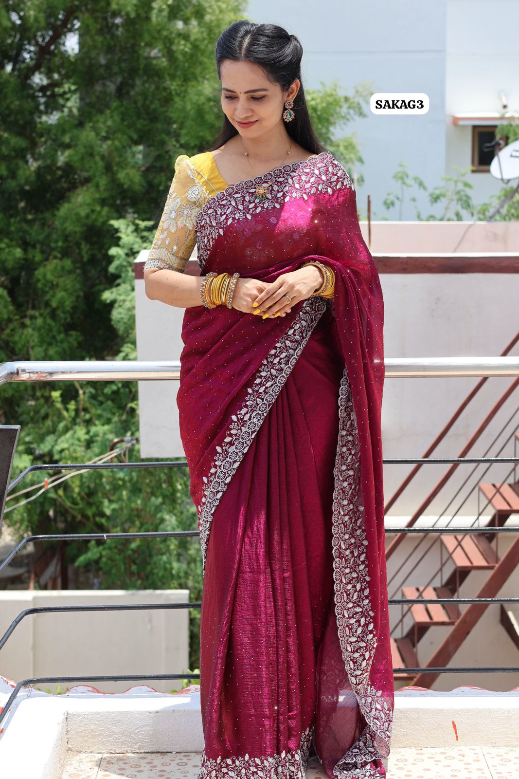 Premium Space silk saree with embroidery work and contrast blouse 🥳