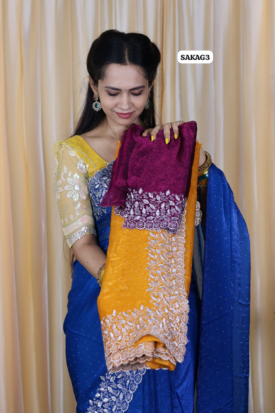 Premium Space silk saree with embroidery work and contrast blouse 🥳