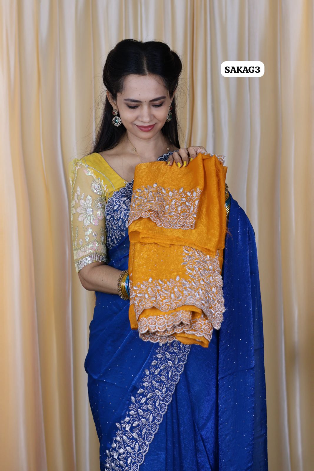 Premium Space silk saree with embroidery work and contrast blouse 🥳
