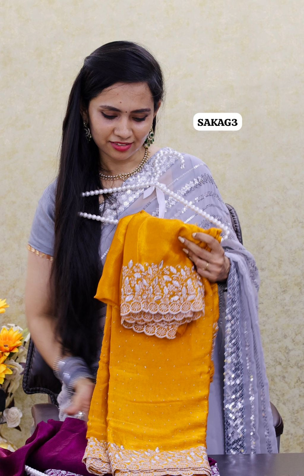 Premium Space silk saree with embroidery work and contrast blouse 🥳
