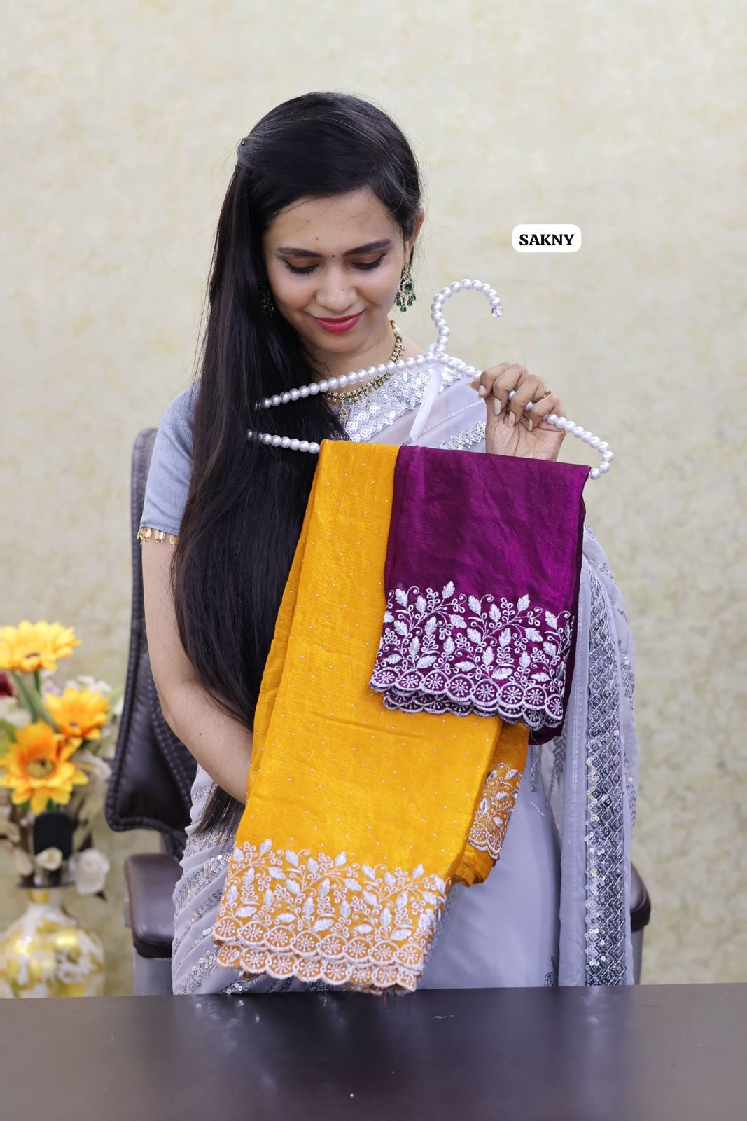 Premium Space silk saree with embroidery work and contrast blouse 🥳