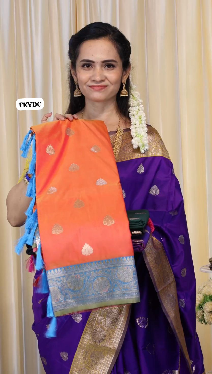 Semi soft silk saree with zari weaving buttas and border. Blouse and pallu same color🥳