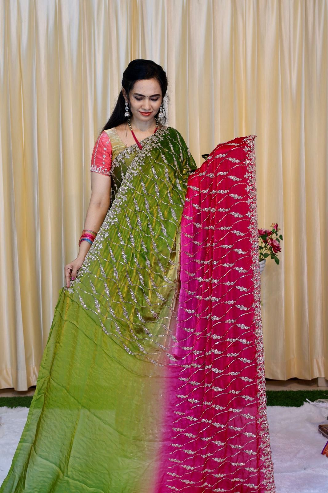 Premium Space silk with Golden heavy Katdhana work double shade🥰🌈offer