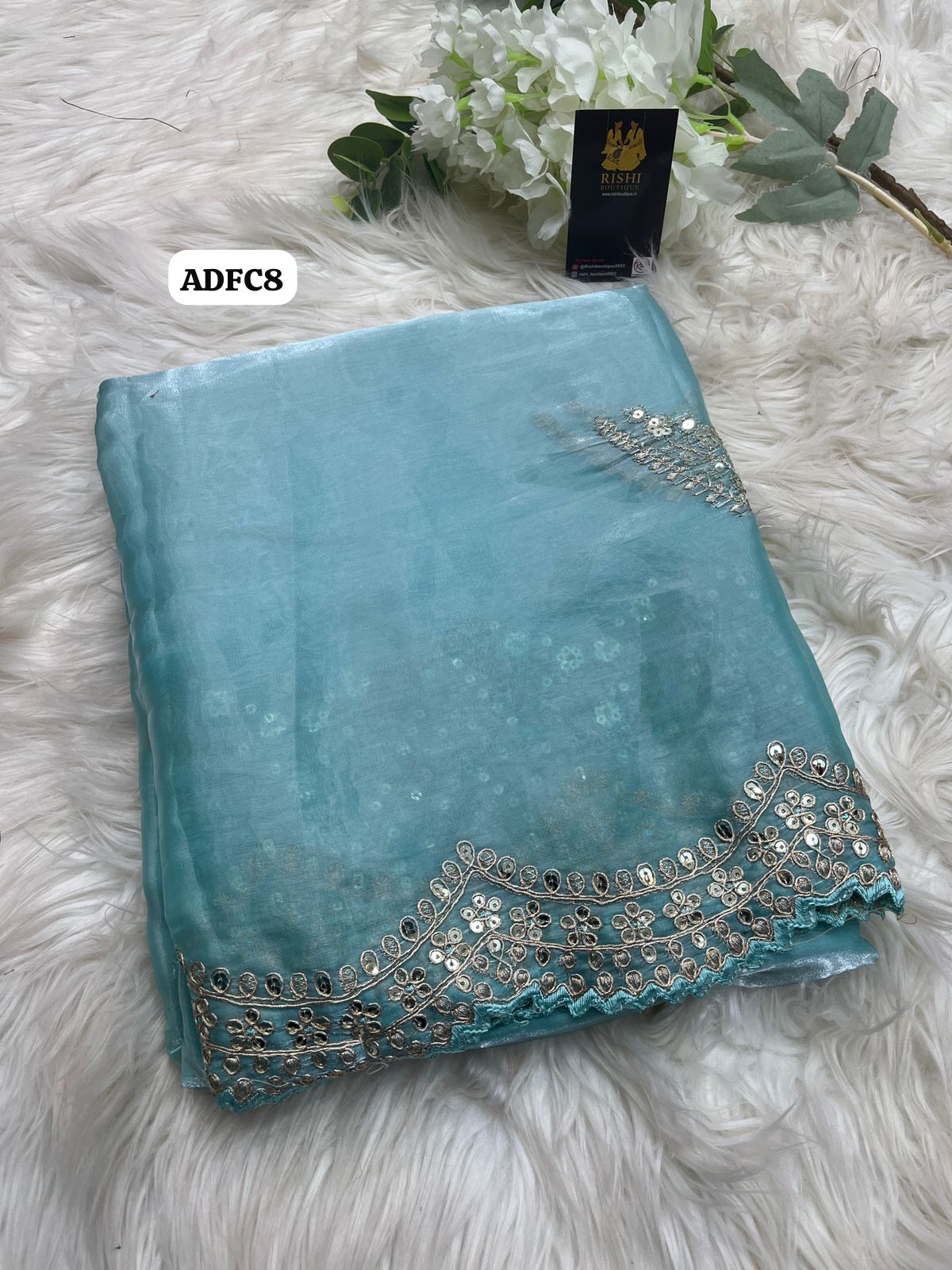 Soft & smooth jimmy cho satin with gold zari embroidery & sequence work with scalloped cutwork border with unstitched embroidery work blouse🥳
