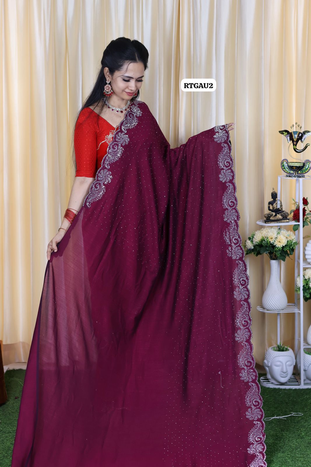 Party wear chinnon silk with heavy work running blouse 🔥🥳