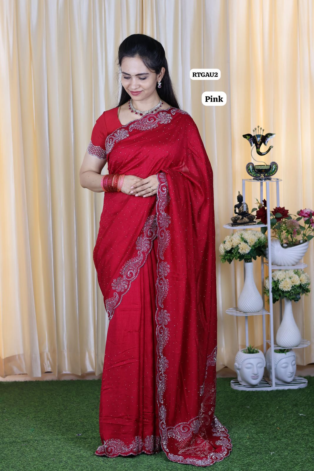 Party wear Chinnon silk with heavy work with running blouse 🥰🥳pink