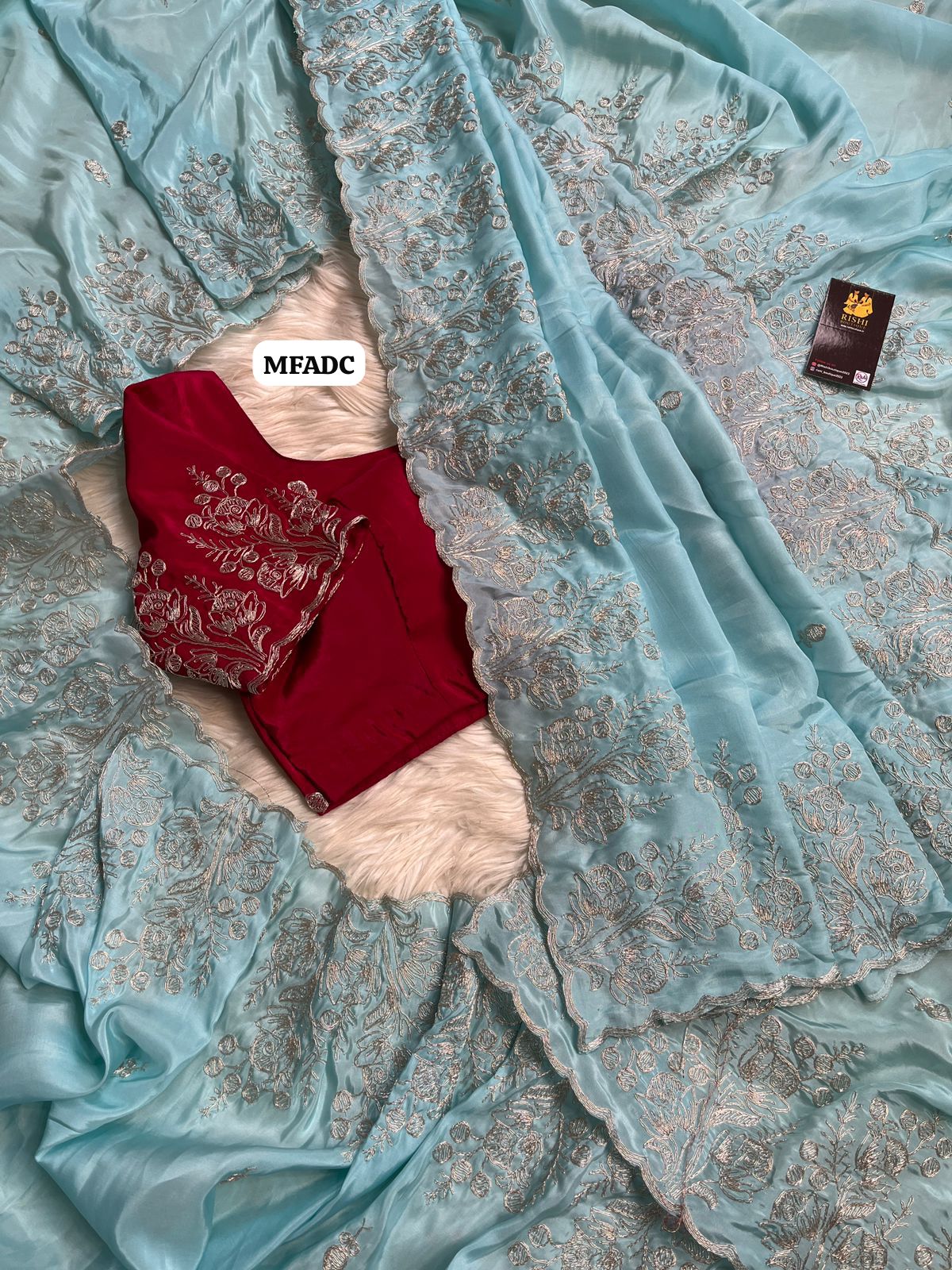 Soft & smooth Pure crape silk with floral design embroidery work with scalloped cutwork border and embroidery work blouse 🥳unstitched