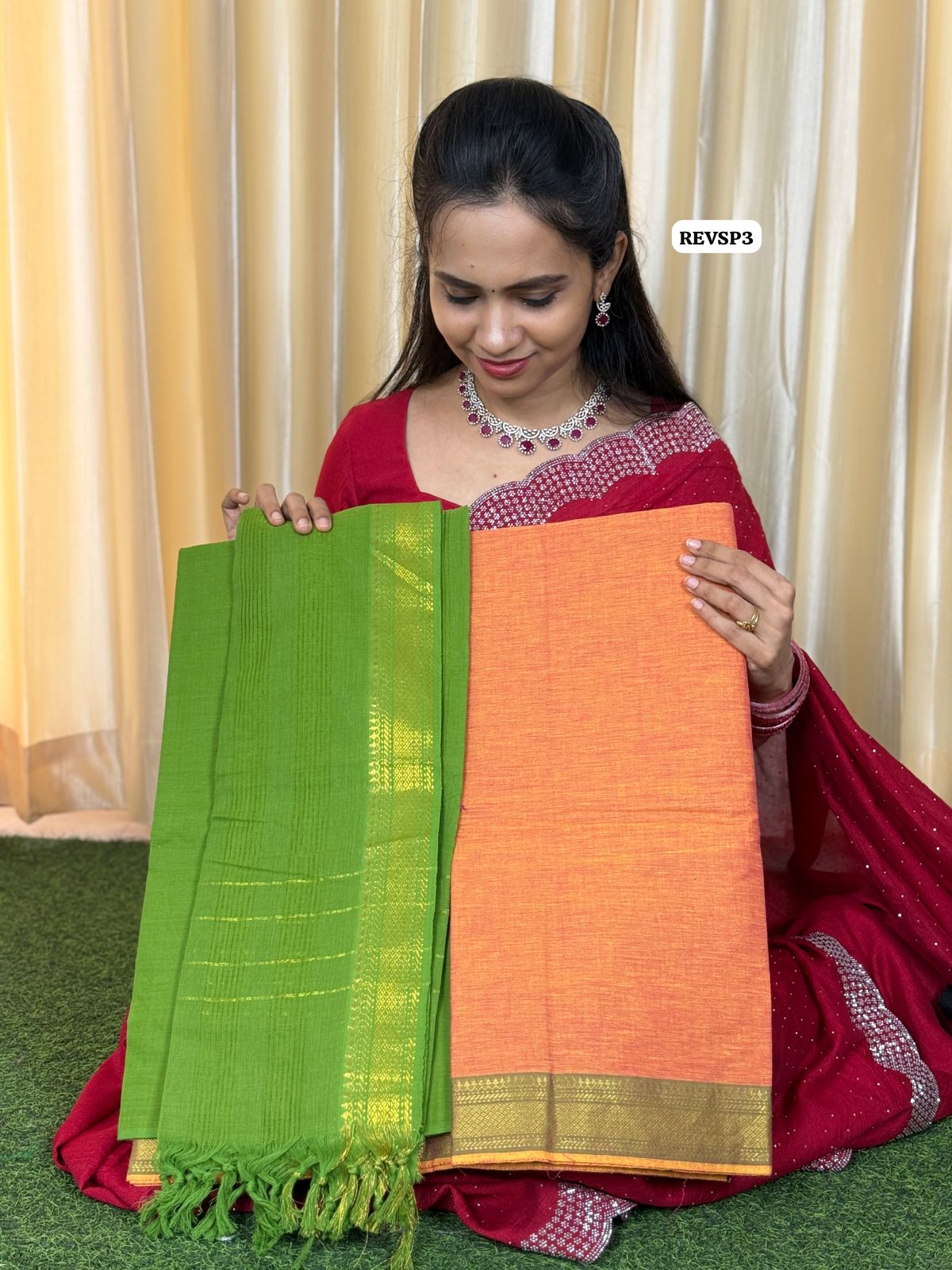 Unstitched cotton dress material😍🥳Orange with Green