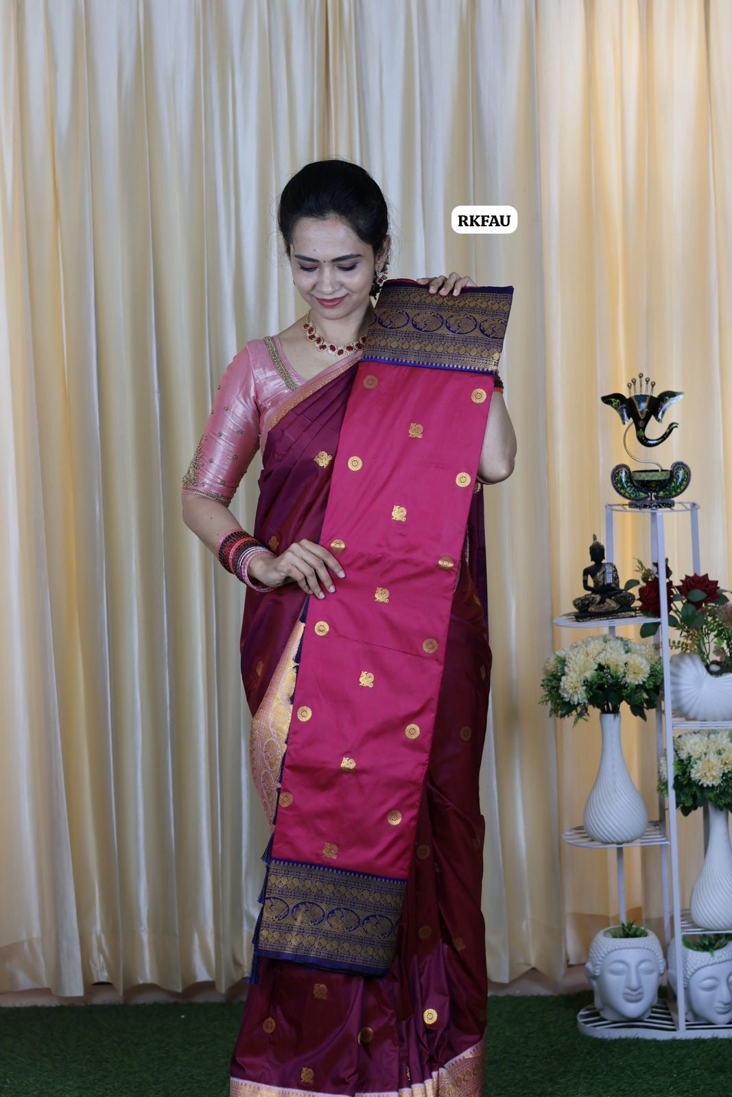 semi soft silk saree with 1000 buttas with running blouse 🥳pink with blue