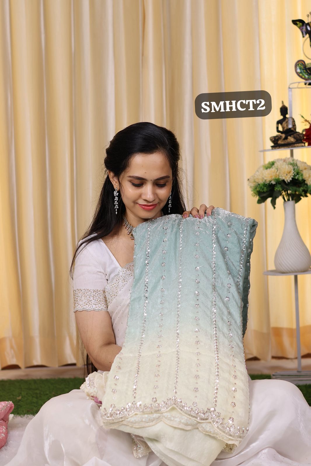 Heavy premium space silk sarees with katdana beads work😍🥳(Bluish Grey colour)