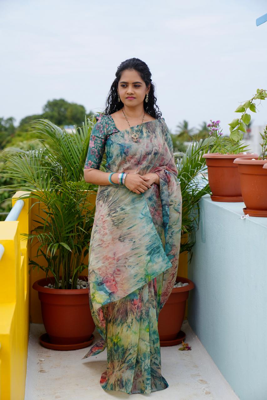 Organza saree with prints not available❌❌