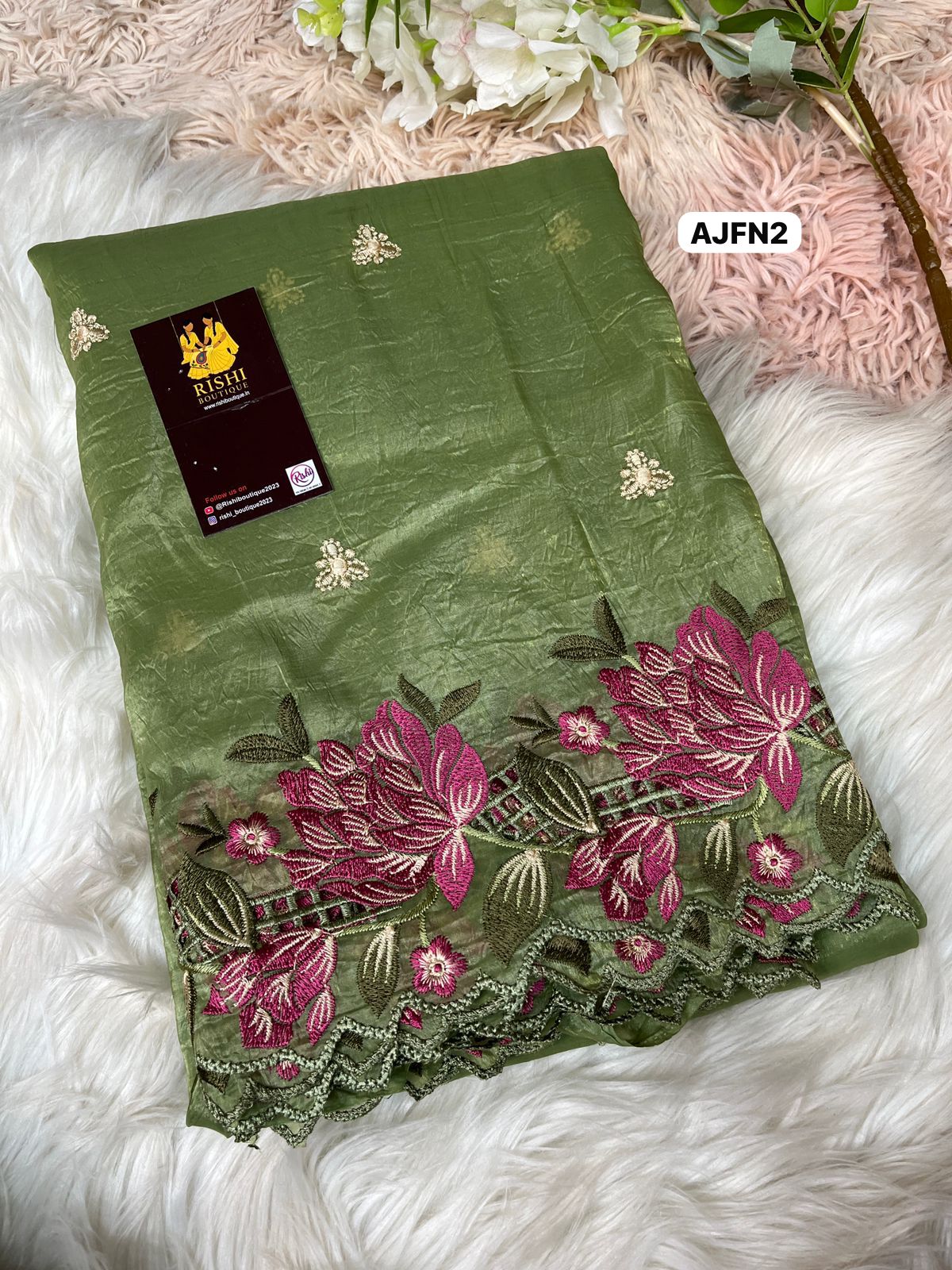 Soft gold crush saree with floral design multi thread embroider with scalloped cutwork border and embroidery work blouse🥳
