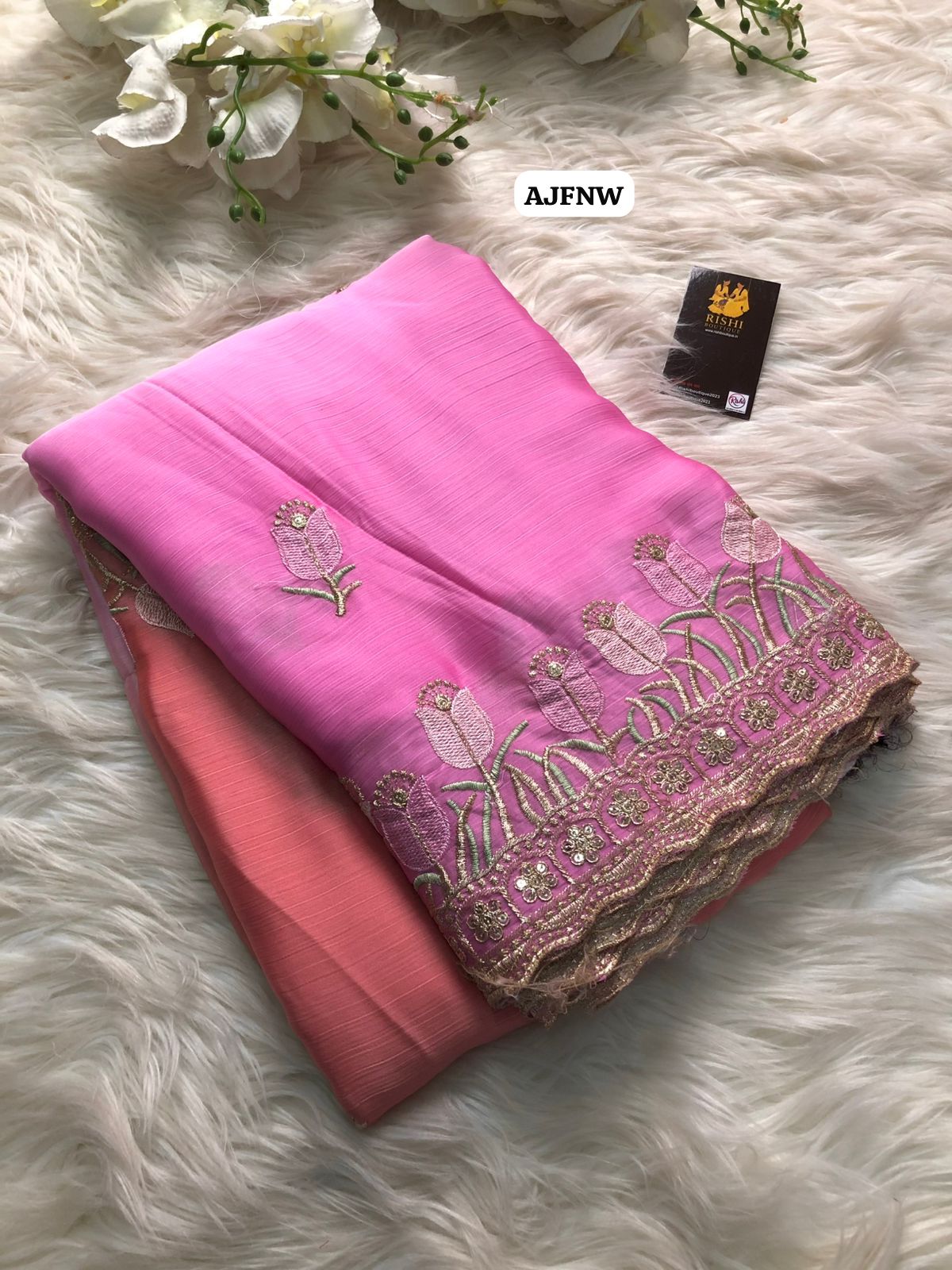 Satin chiffon dual colour shade saree with floral design thread embroidery work with scalloped cutwork border🥳