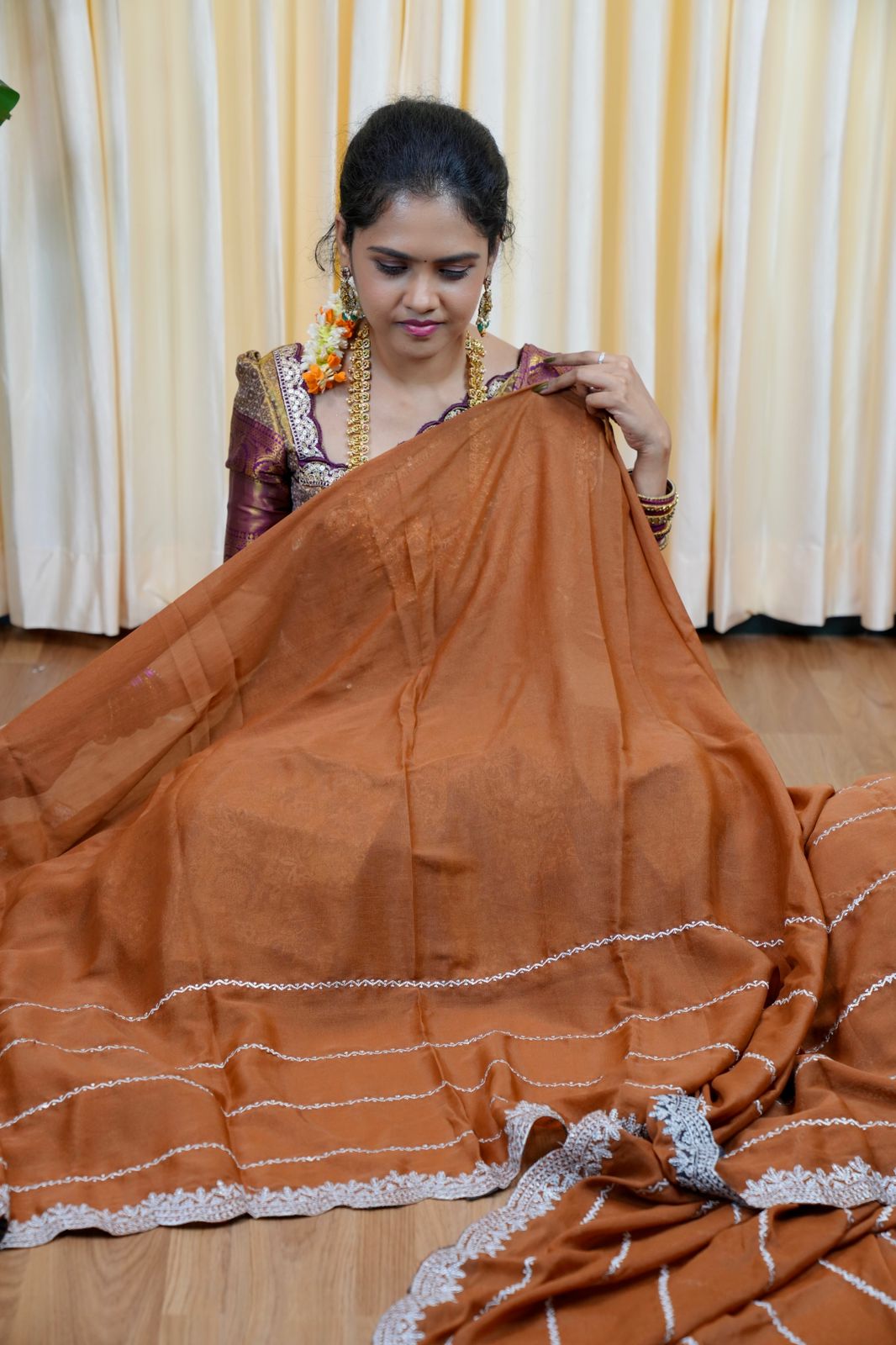 Chinnon saree with Machine works🥰😎