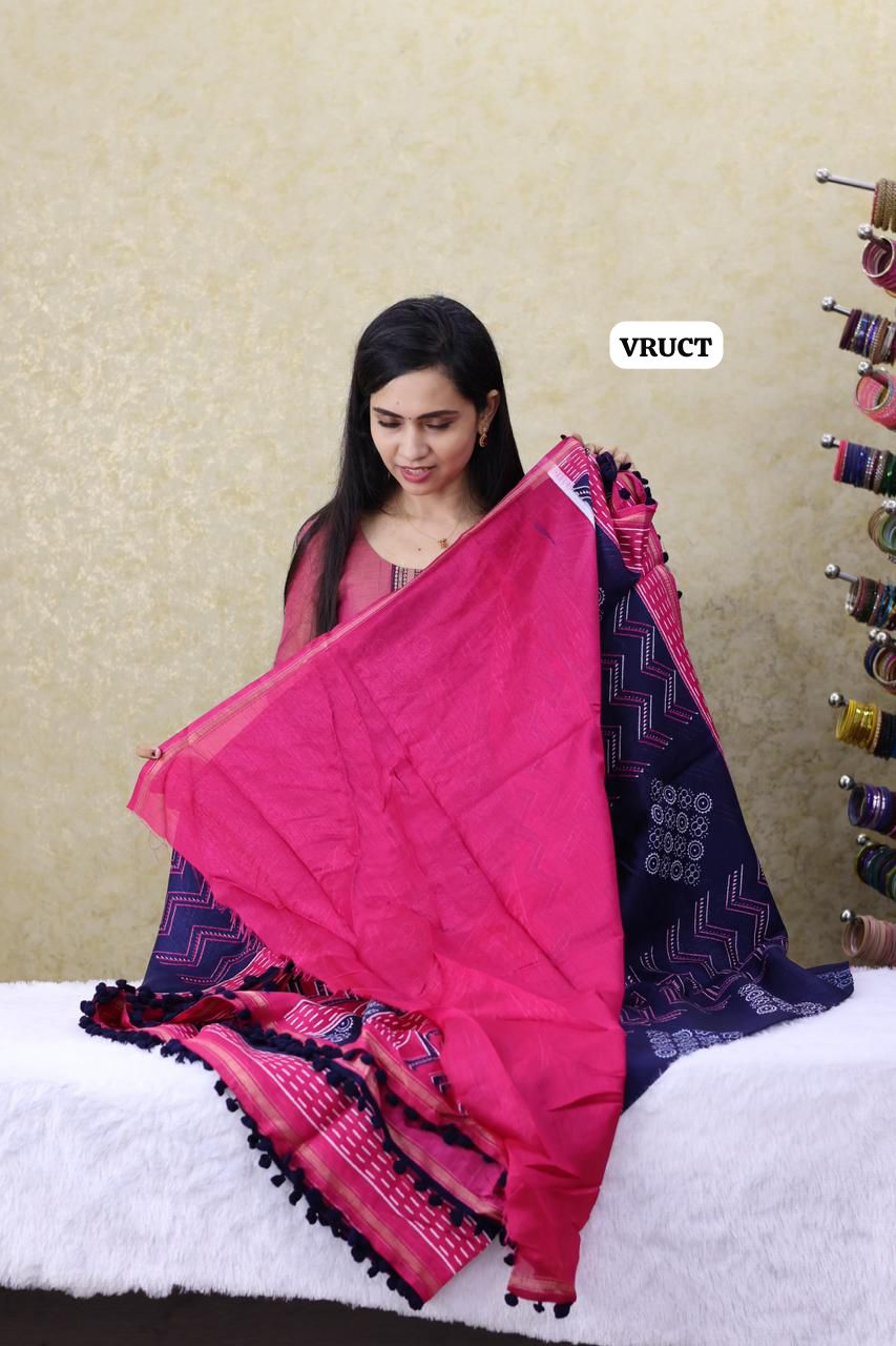 Crystal cotton with Pom Pom lace saree Ⓜ️