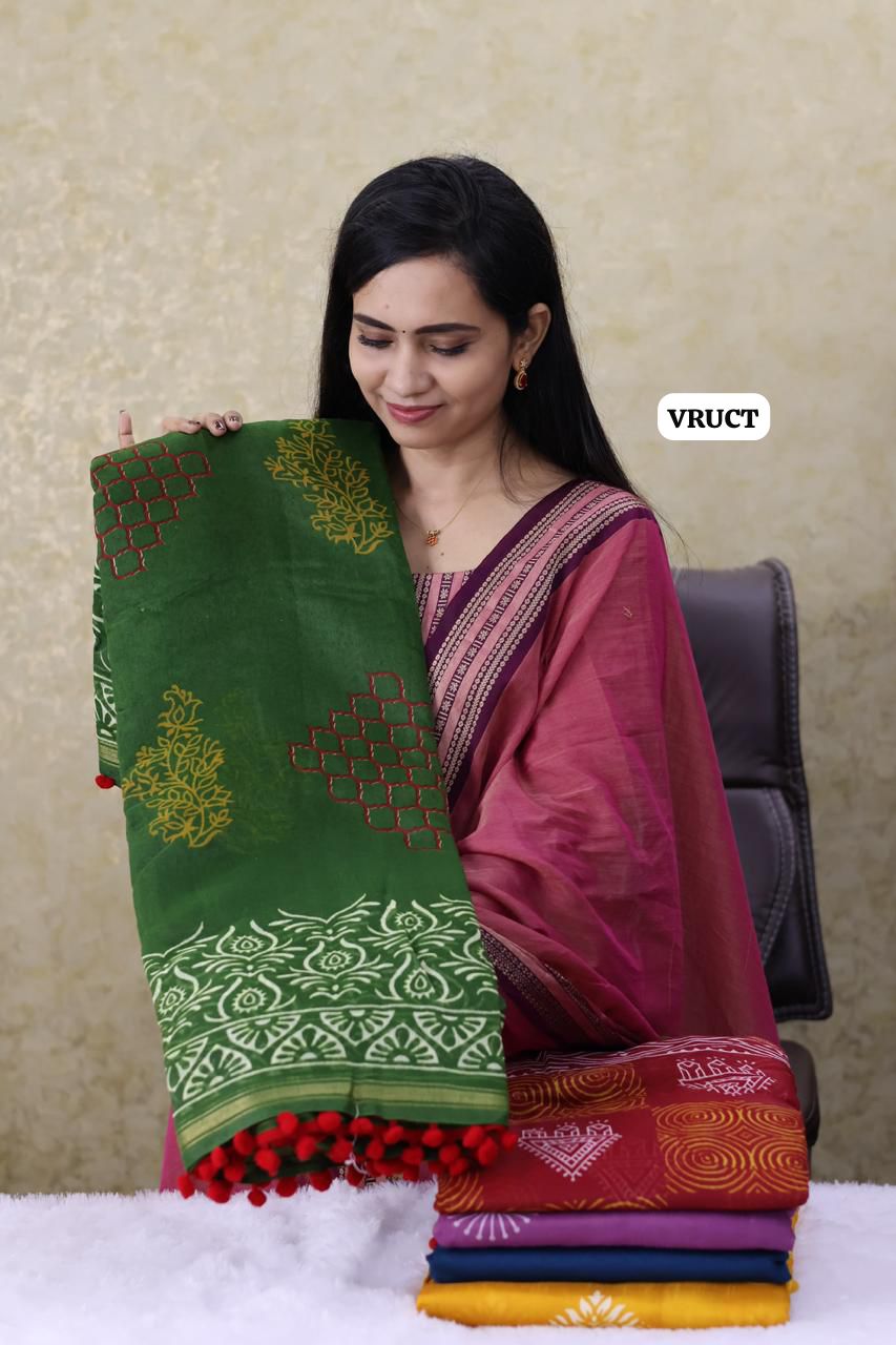 Crystal cotton with Pom Pom lace saree Ⓜ️