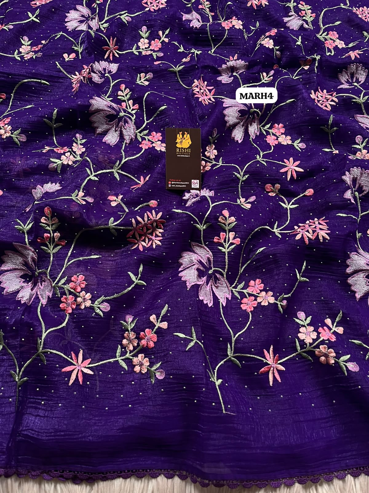 Crunchy crush with fancy floral design embroidery saree🥳