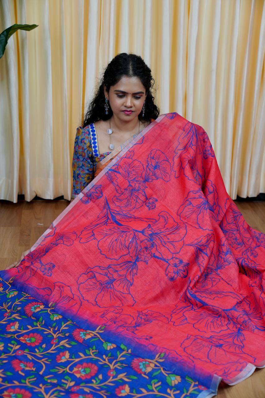Printed semi cotton peach colour saree with line design. Same blouse as in picture Unstitched🥳