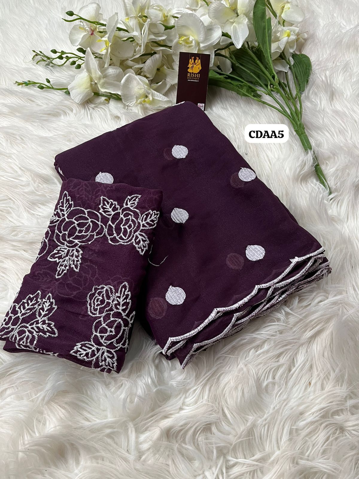 Georgette embroidery thread work saree with scalloped cutwok border 🥳