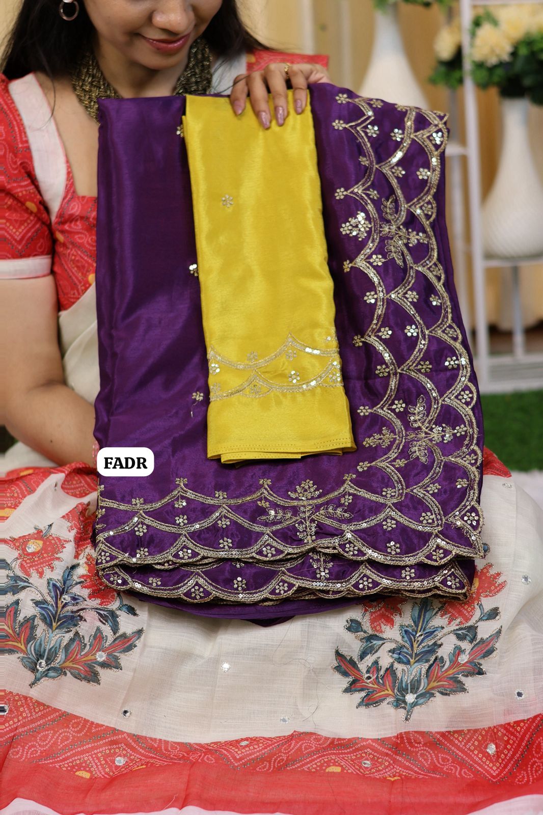 Soft Chinnon with gold zari embroidery & sequence work with scalloped cutwork border🥳