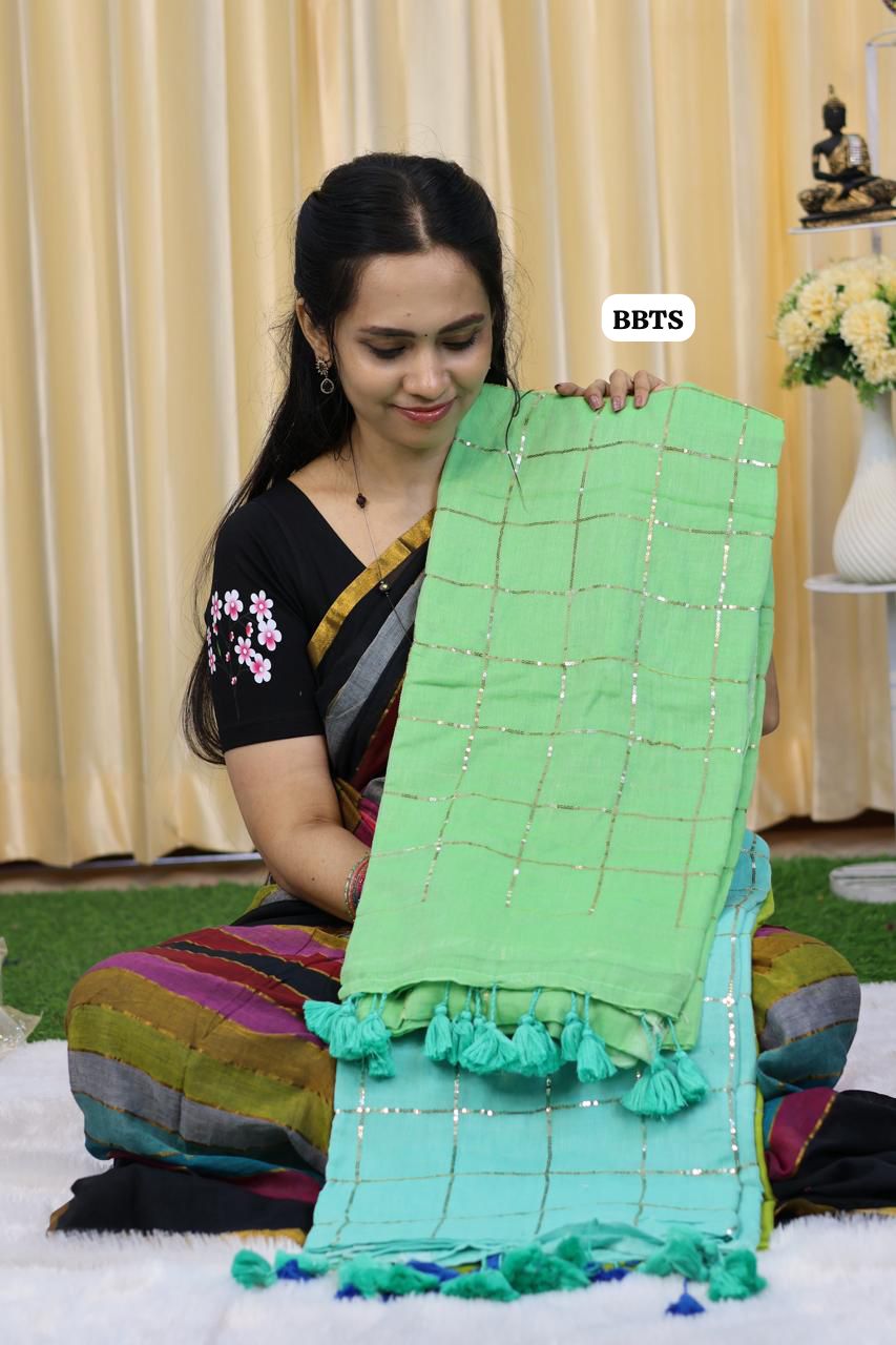 Mul cotton saree with jumki work with checks 🎁