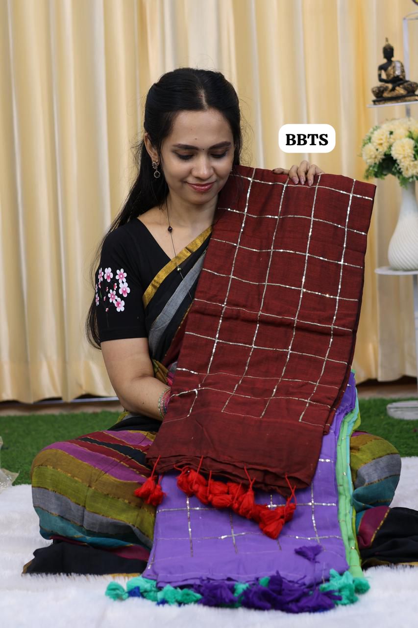 Mul cotton saree with jumki work with checks 🎁
