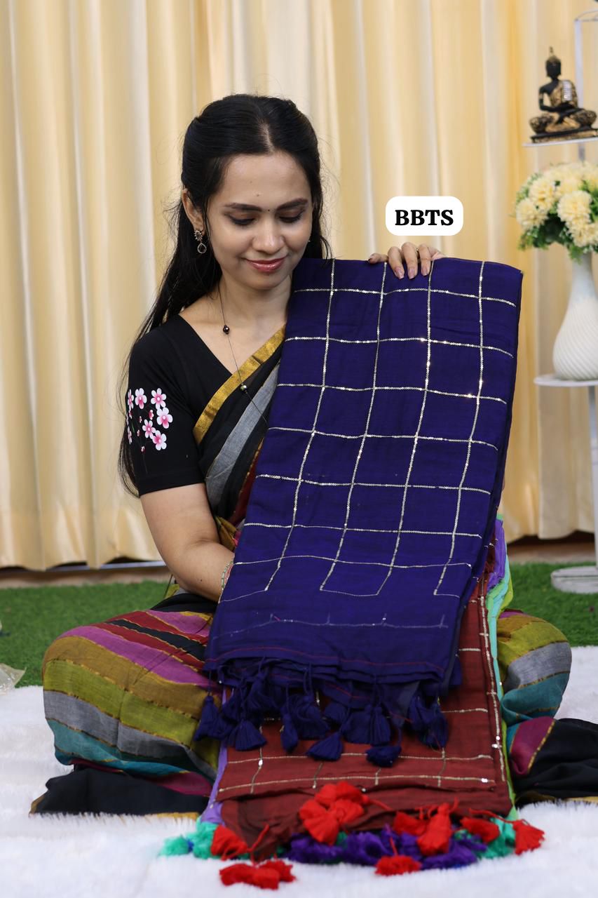 Mul cotton saree with jumki work with checks 🎁