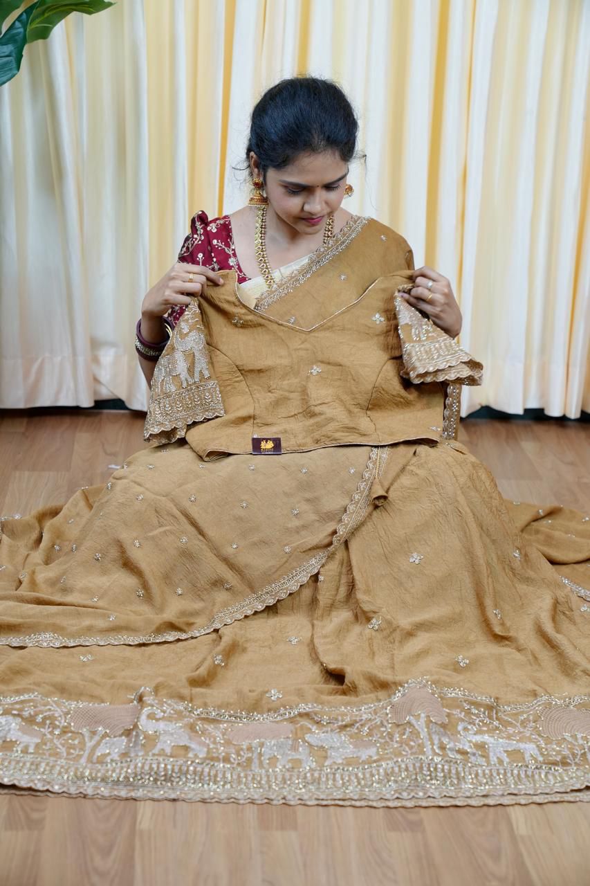 Half saree with stitched blouse and skirt 🥳
