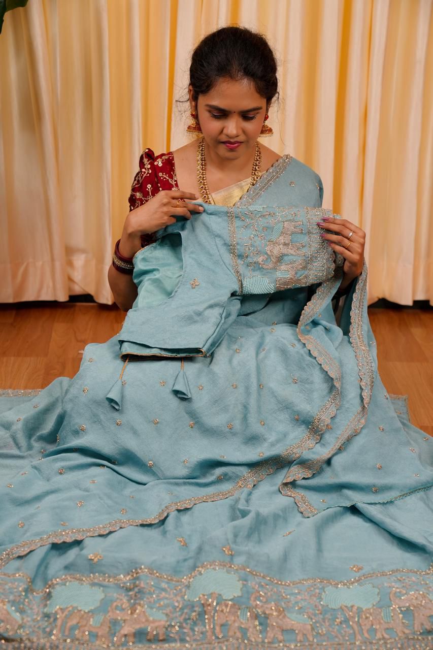 Half saree with stitched blouse and skirt 🥳