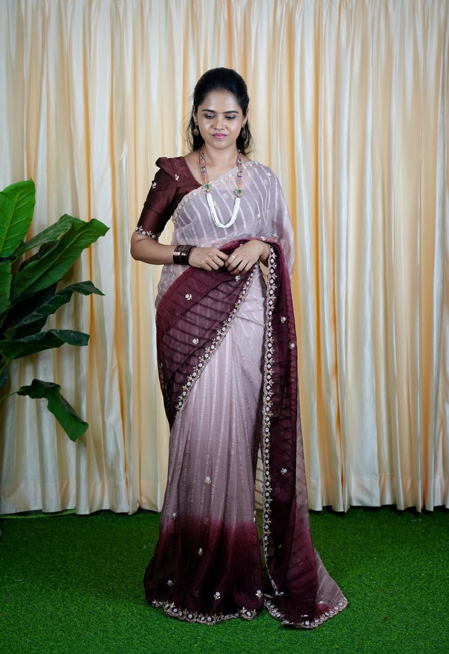 Chiffon triple shaded Designer saree sold❌️