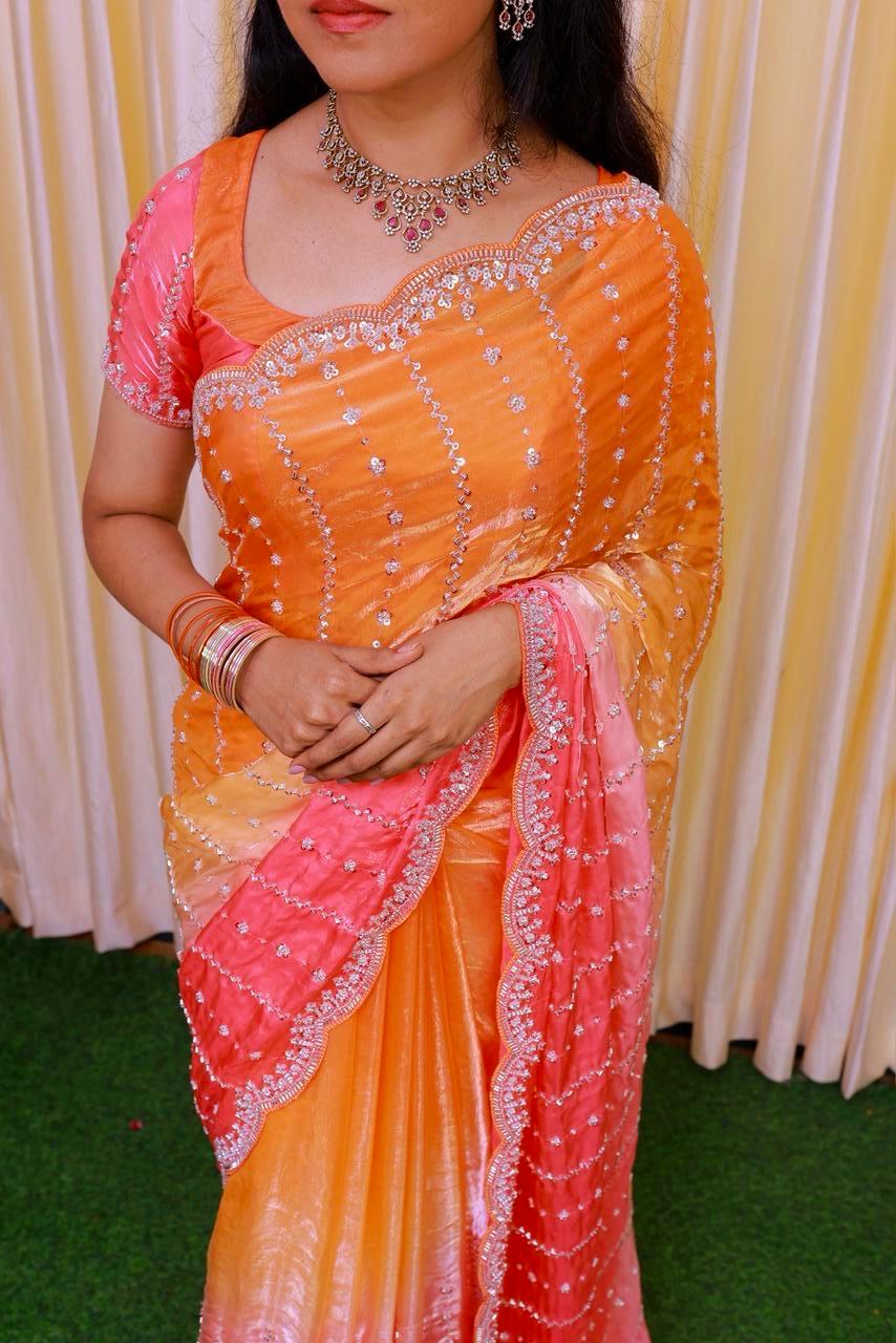 Heavy premium space silk sarees with katdana beads work🥳 Prebook 15 days