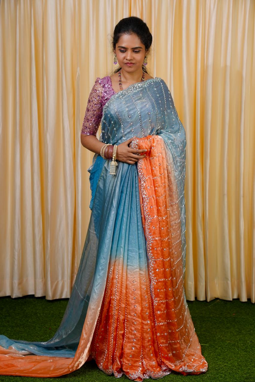 Heavy premium space silk sarees with katdana beads work🥳.