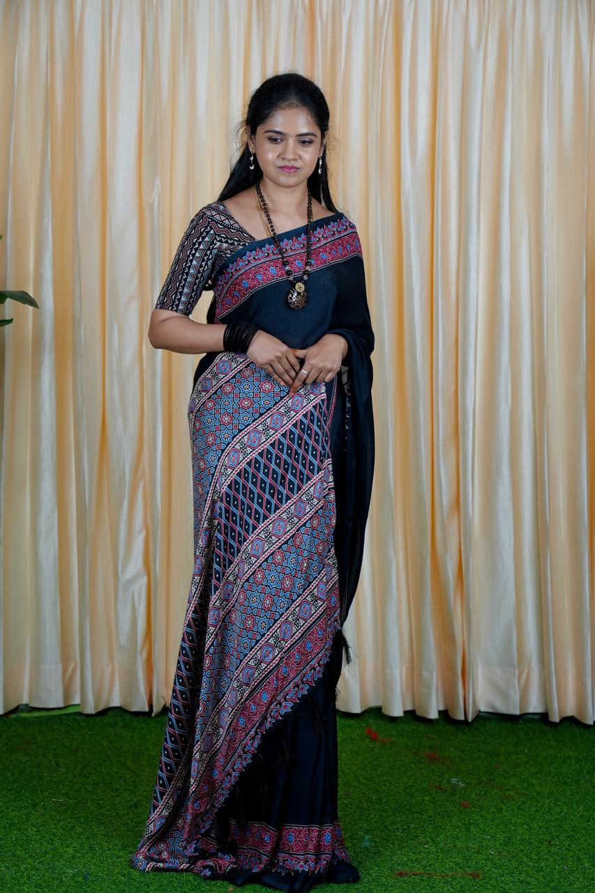 Modal Silk Sarees With Ajrakh Print ❌