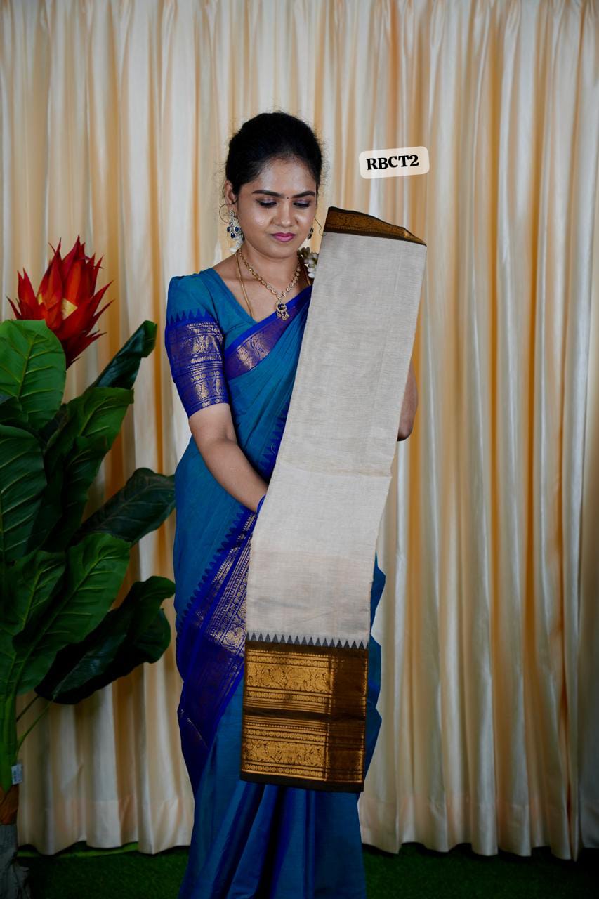 Kanchi Cotton Saree cream with brown🍏🍄