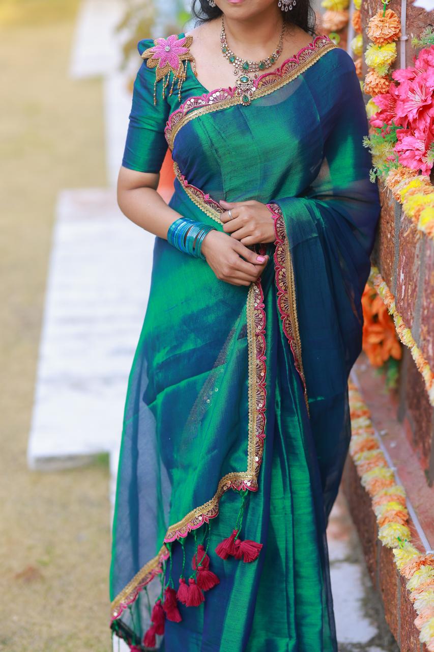 Aadi offer🤩Kadhi Tissue With Cutwork Lace border