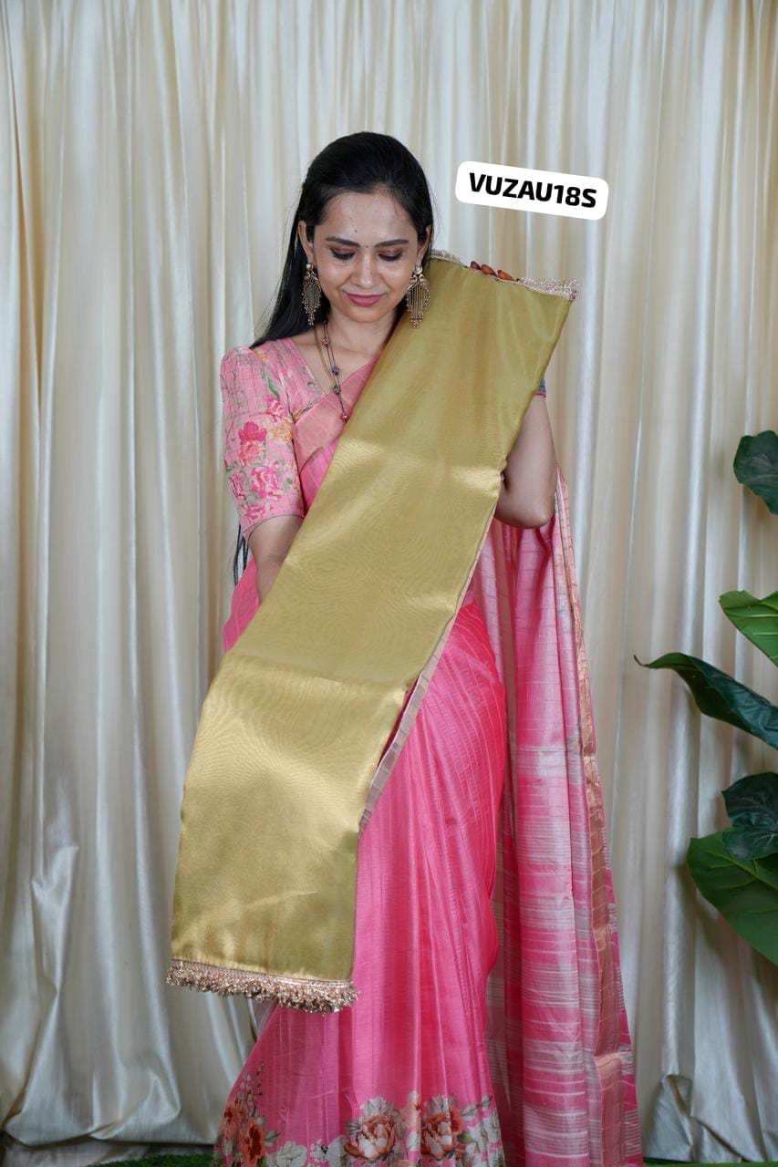 Golden tissue saree with lace border prebook 🥳