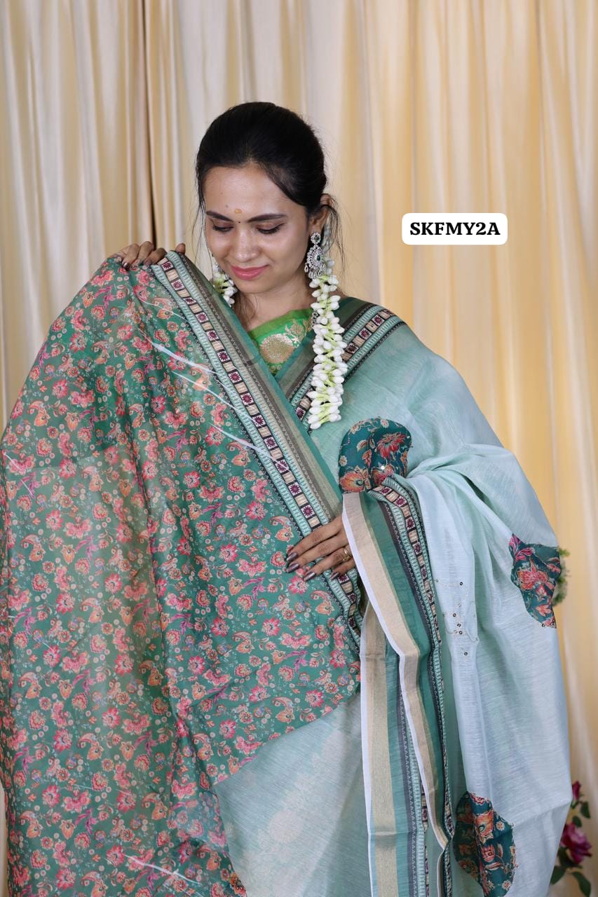 Malai cotton saree with Zari Sequence work and fabulous printed Blouse sold❌