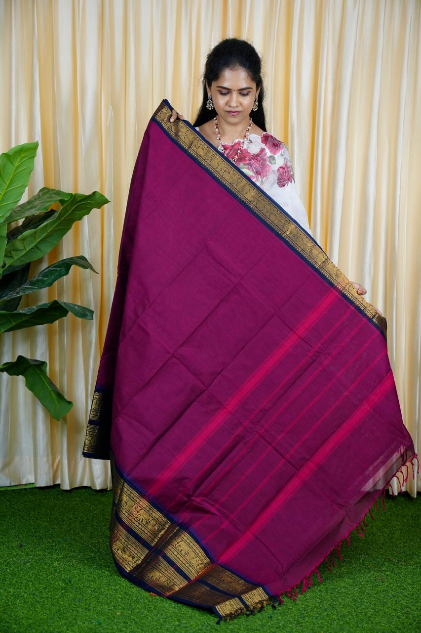 Kanchi cotton saree prebook dorck purple with heavy blue🥰😎 💜