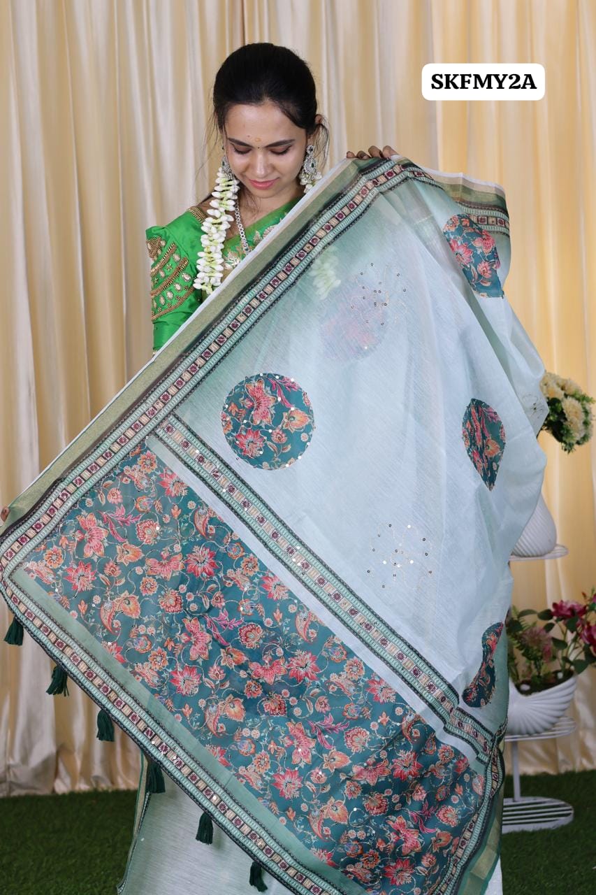 Malai cotton saree with Zari Sequence work and fabulous printed Blouse sold❌