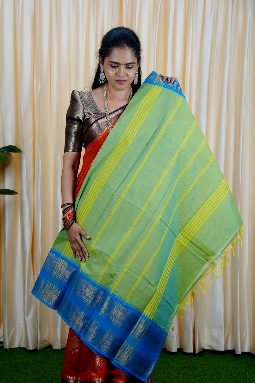 Kanchi cotton saree light green with sky blue ❌❌