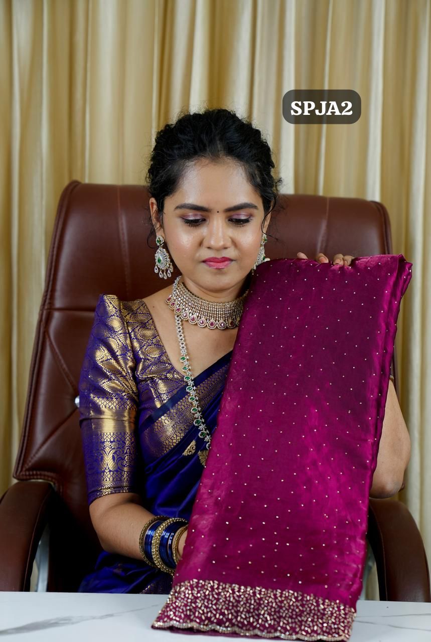 Premium space silk sarees with real jarkhan diamond work.🥳 wine