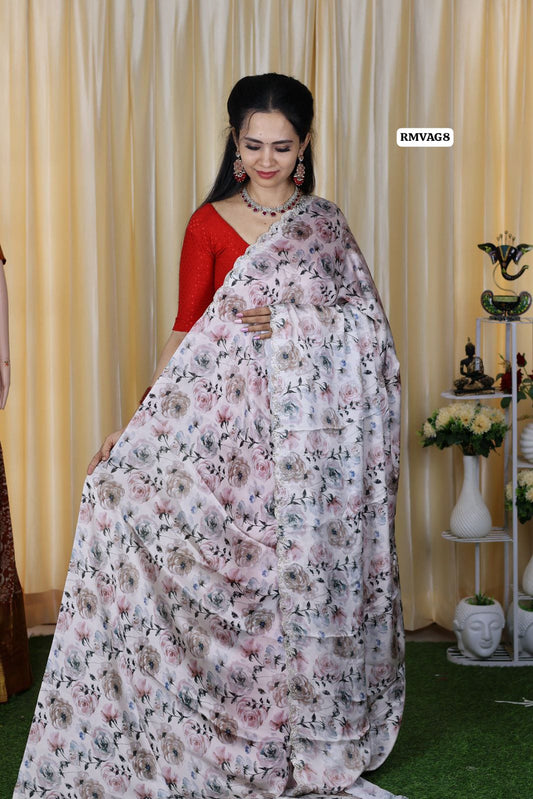 Satin space silk floral print all over saree with original blouse with jarkan work 😍🥳
