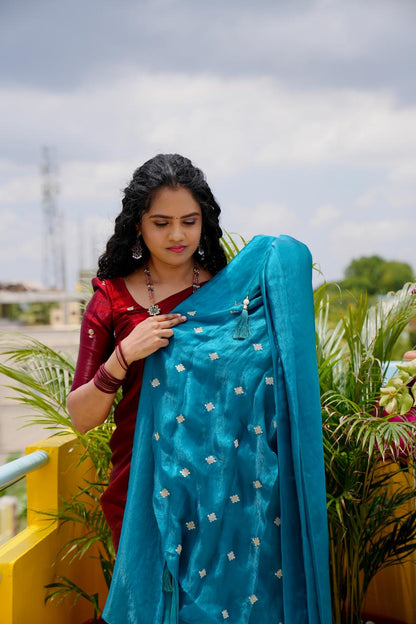 Premium space silk sarees with tassels and chumky work blouse🍄🥳