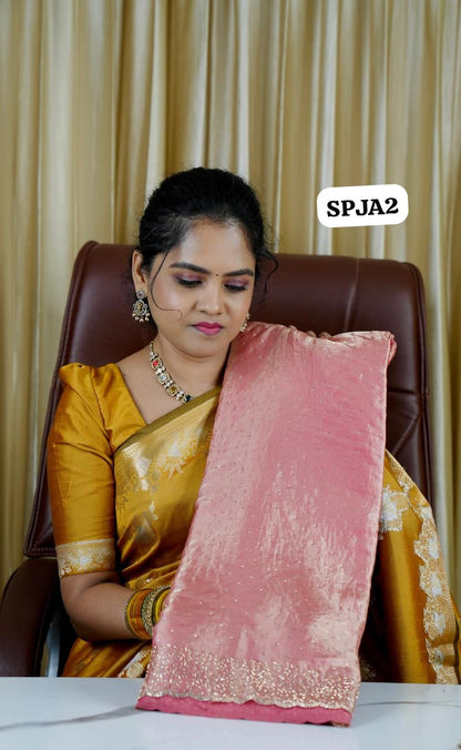 Premium space silk sarees with reality jarkhan diamond work peach colour🥳